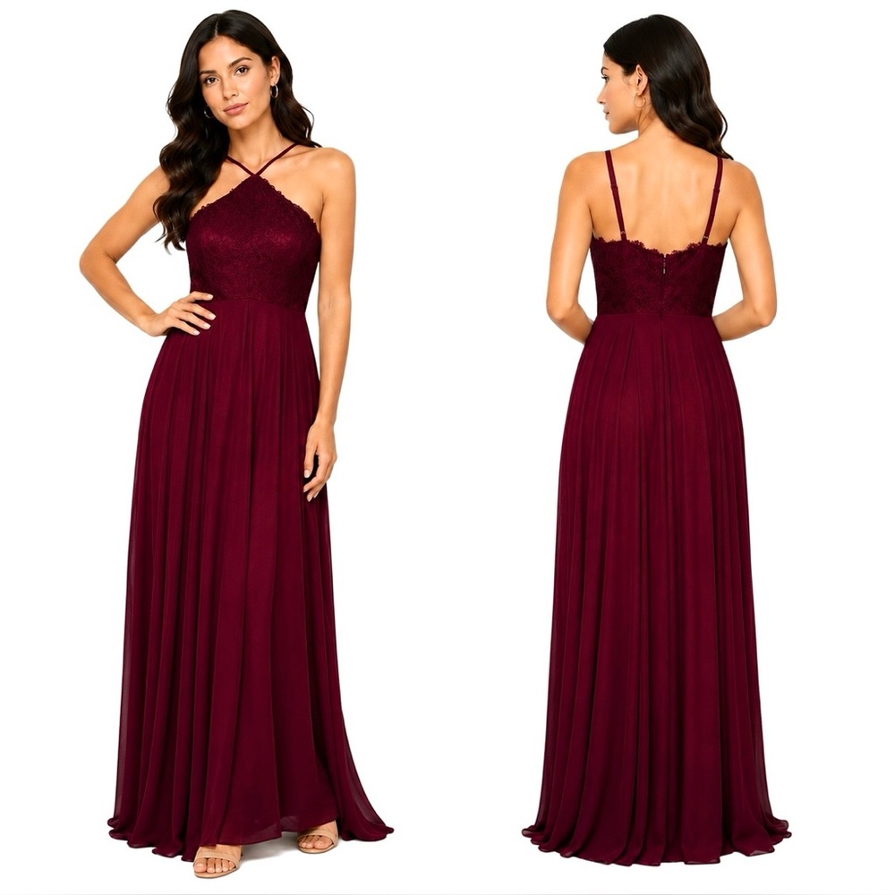 Lulu’s Burgundy Maxi Formal Dress Large Lace Bridesmaid Wedding Guest Gown
